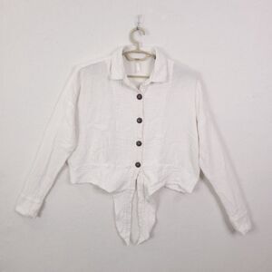 Free People Sunstreaks Top White Size M Tie Front Long sleeve Gauze Boho Button
